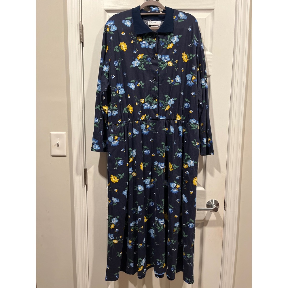 Bedford Fair Lifestyles Navy Floral Midi Dress Long Sleeve Belted Plus 24W 82346